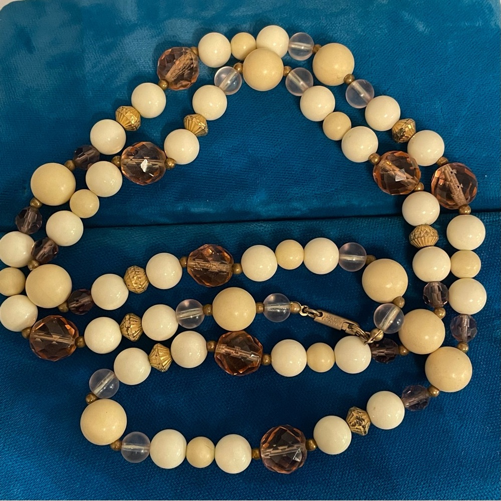 Vintage Designer DAUPLAISE Necklace Pink Crystal and Bone Celluloid Beads